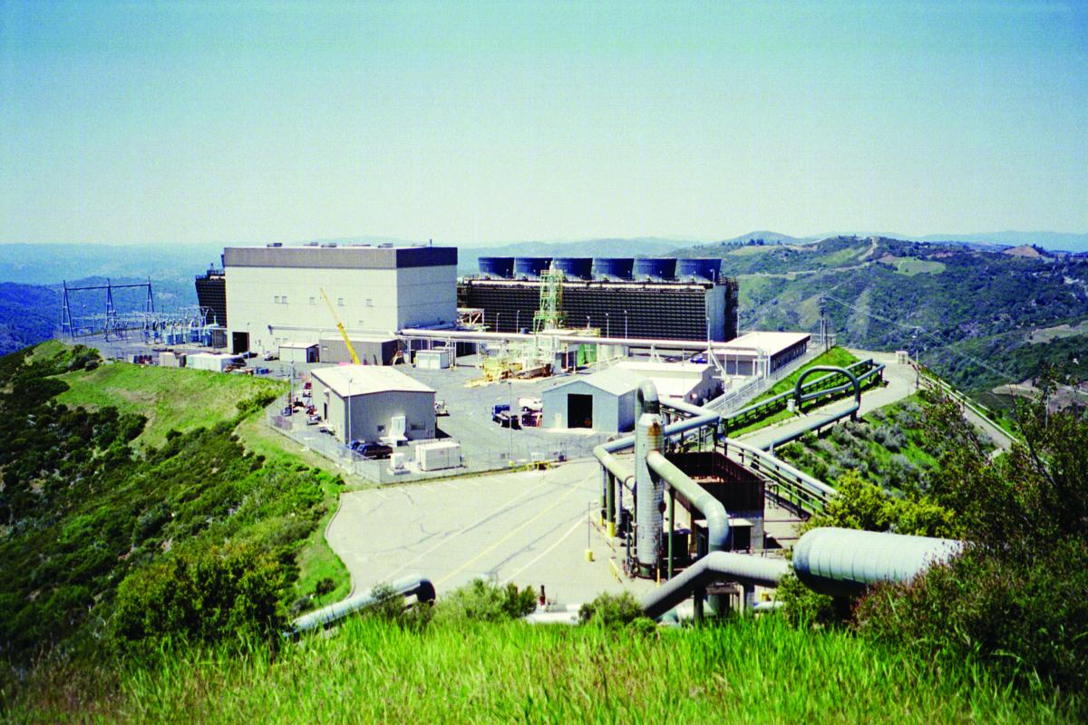 A hilltop power plant gathering geothermal fluids from the surrounding well field at the Geysers geothermal plant. The Geysers is the single-largest geothermal operation in the world with a capacity of 700MW, located about 100 miles north of San Francisco.