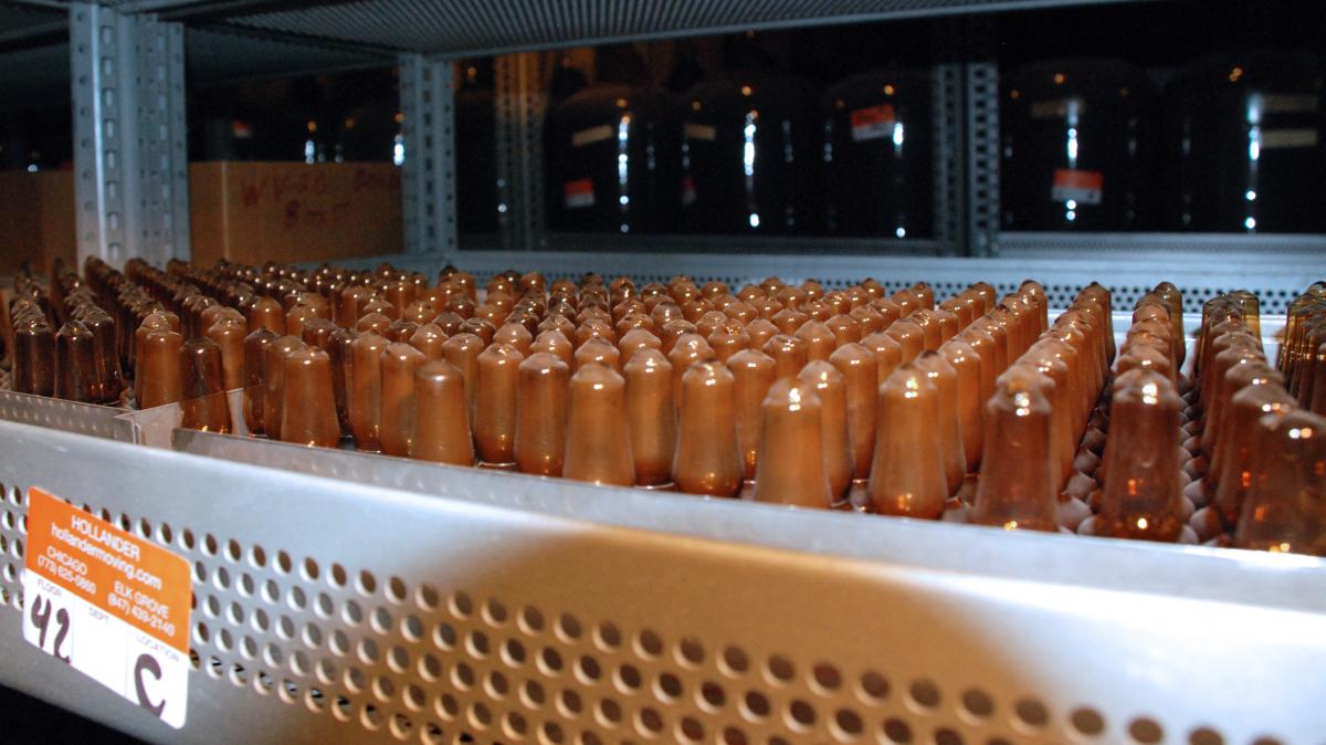 A shelf full of sealed glass ampules containing coal samples.  