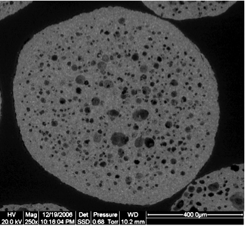 Sintered bauxite proppant possessing a core-shell structure, effective specific gravity < 1 g/cc, and high strength (diametral compressive strengths in the range of 150-300 MPa). U.S. Patent #7,828,998