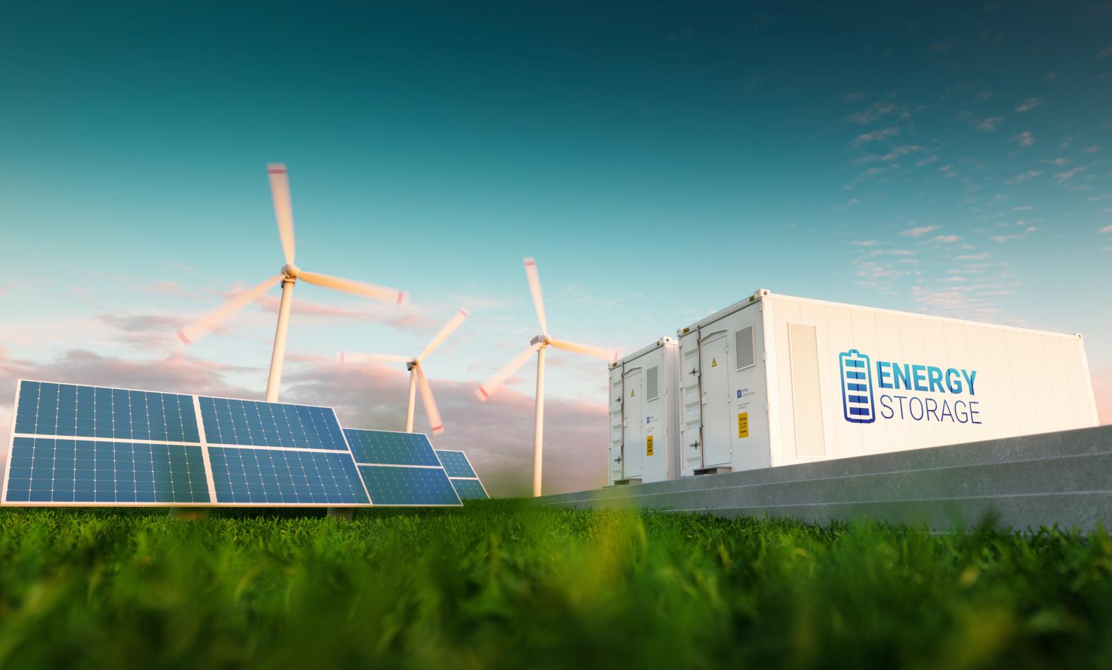 Wind turbines and battery storage.