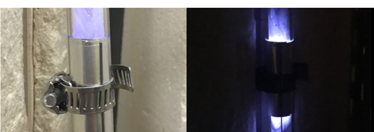 Left - Photo of the produced sulfur. Right - Photo of the plasma discharge.